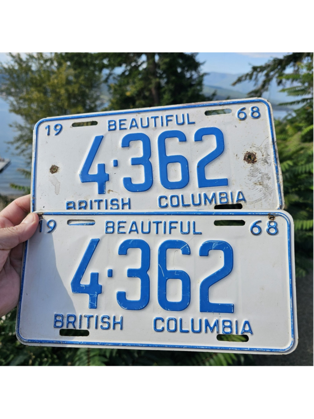 1968 British Columbia License Plate Pair Matching Low Number 4362 Vintage BC